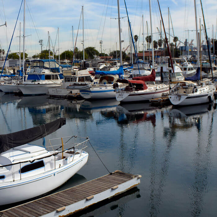 Racing Sailboats and Cruisers Parked at Dockyard in South California